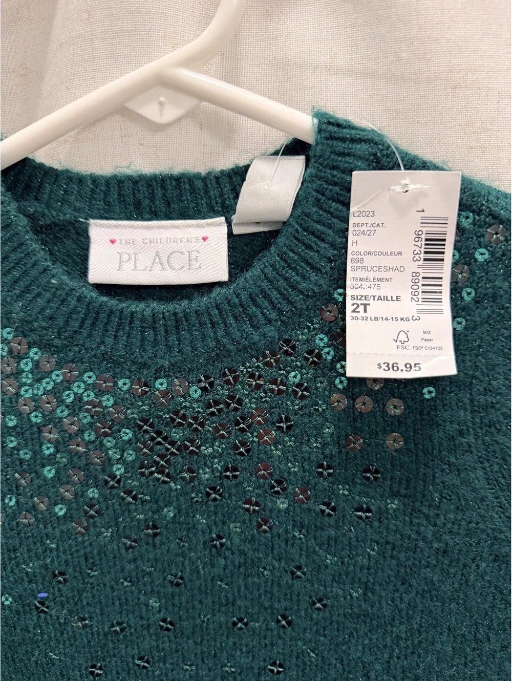The Children's Place Girls' 2T Green Sweater with Sequins